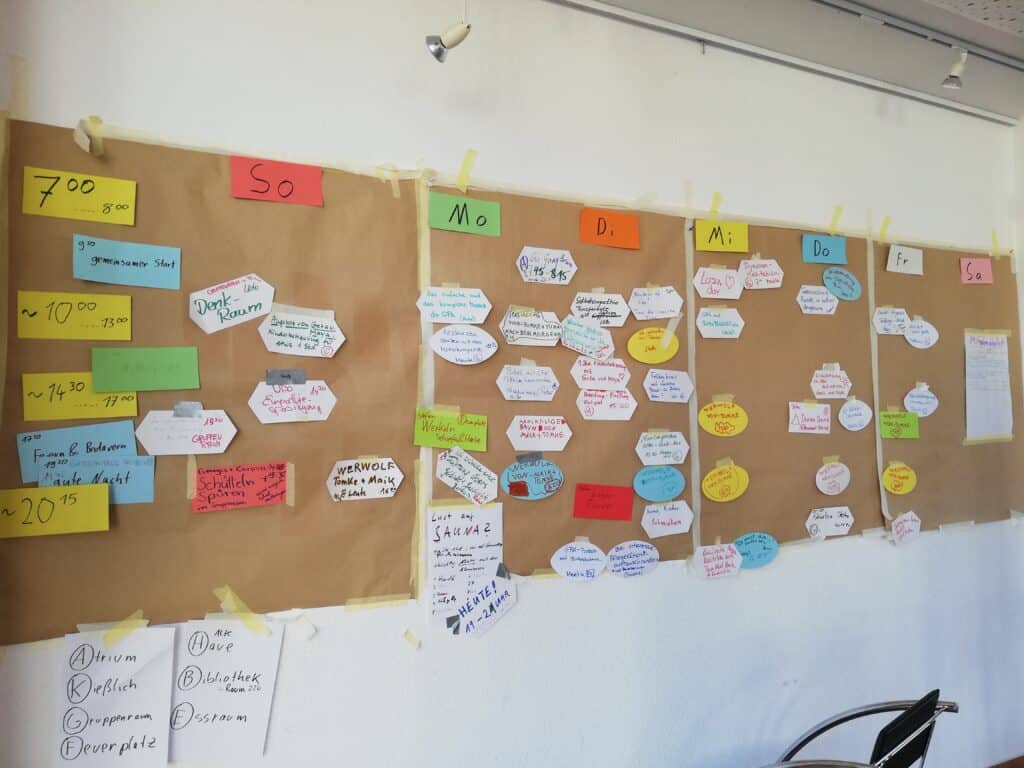 So sieht der Tagesplan bei der GFK Familienfreizeit aus. Viele Angebote auf bunten Post-its.